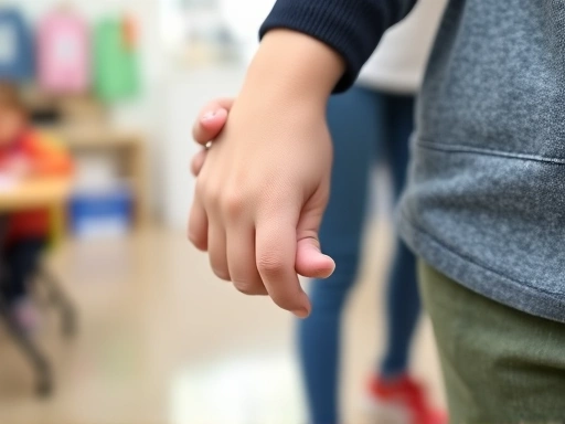 Close-up of a child's hand holding a parent's hand, showing trust and connection, set against a blurred background of a classroom or home, reflecting support and guidance.