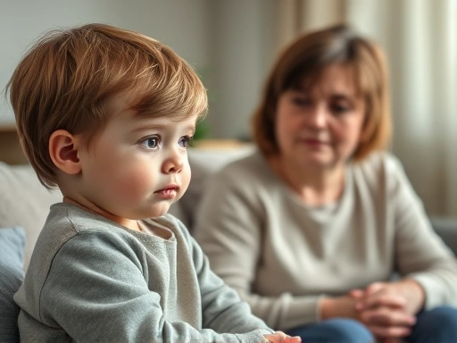 A child is quiet and well-behaved in public settings, but shows different, more expressive behavior at home. A concerned parent observes them, trying to understand their true feelings. The scene is soft-lit, reflecting parental care.