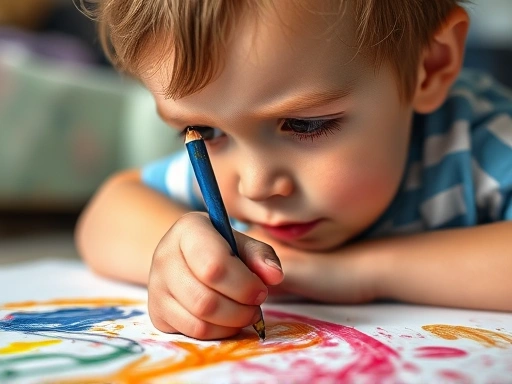 A close-up of a child drawing expressively at home after being quiet outside, showing vivid colors and abstract shapes. Focus on their intense expression and the movement of their hand, indicating emotional release.