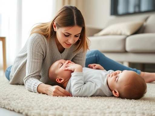 A concerned parent gently laying down their child on a soft carpet during a breath-holding spell, showing a calm and comforting demeanor. The scene is indoors, in a cozy living room.