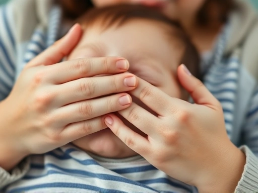 Close-up of a parent's hands gently supporting a child's head, checking their breathing during a breath-holding spell, emphasizing care and observation.