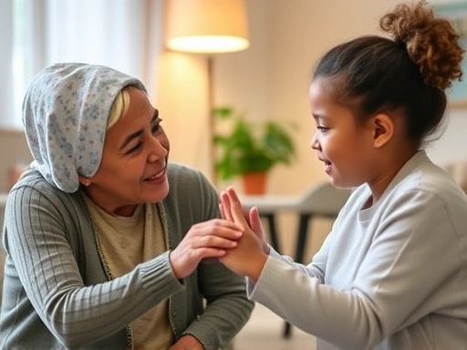 A caring parent gently interacting with a child during a developmental screening, featuring soft lighting and a warm, supportive atmosphere. Focus on parental engagement.