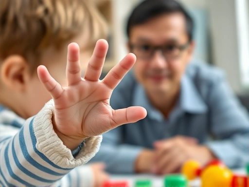 Close-up of a child's hand reaching for a colorful toy during a developmental assessment, with a blurred background showing an attentive expert observing, emphasizing early detection.