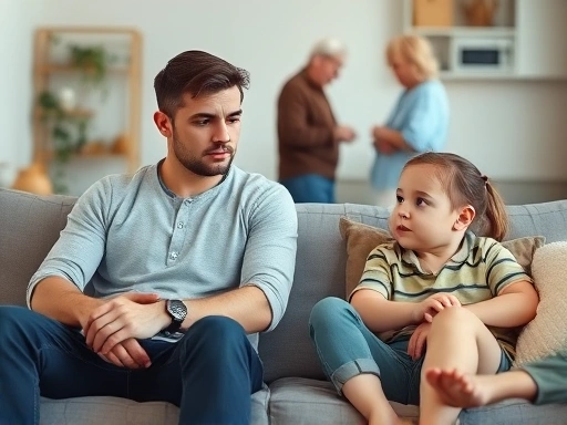A young couple sitting on a sofa, looking serious and discussing child discipline strategies, while in the background, grandparents are subtly seen interacting with a child. The scene depicts a family setting with subtle tension.