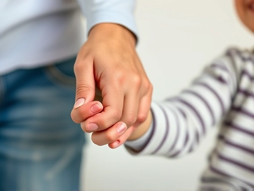 Close-up of a parent's hand gently guiding a child, with an older adult's hand in the background, subtly showing different approaches to discipline. Focus on hands and expressions.