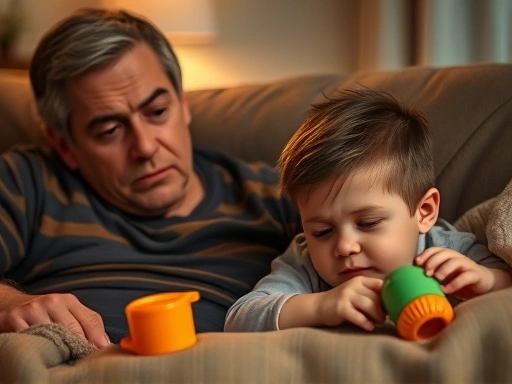 A concerned parent observes a child who is lying on the couch, pretending to be sick, but secretly peeking at a toy with a mischievous look. Soft, warm lighting.