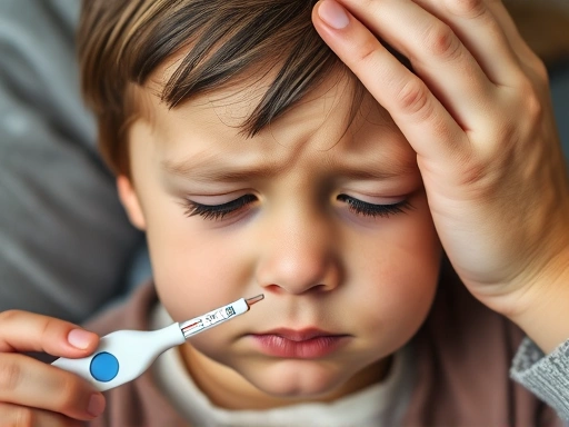 Close-up on a child's face showing genuine discomfort and fatigue, a thermometer in hand, with a worried parent's hand gently on their forehead, conveying care.
