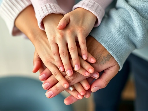 Close-up of three hands (parent, grandparent, child) gently stacked, symbolizing unity, support, and consistent guidance.