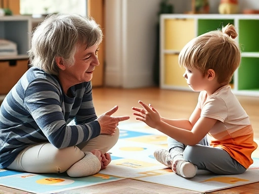 A caring parent gently mediating a conflict between two 6-year-old children on a colorful playmat, with soft natural light.