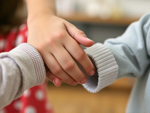 Close-up of a parent's hand gently guiding a 6-year-old's hand, illustrating emotional support and guidance in social situations.