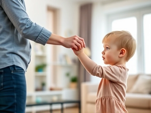 A parent firmly and gently holding a child's hand who is attempting to hit, in a brightly lit living room, demonstrating calm discipline.