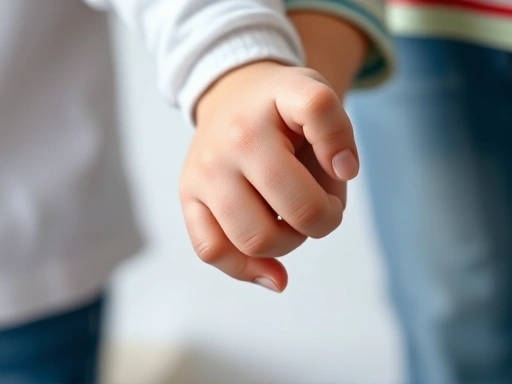 Close-up of a child's hand being gently held by an adult, symbolizing immediate intervention and boundary setting, with a blurred background.