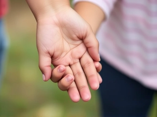 A close-up of a parent's hand holding a small child's hand, symbolizing trust and guidance, with a focus on teaching honesty and distinguishing reality from imagination.