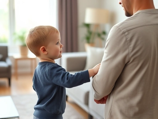 A child politely waiting for an adult to finish a conversation, perhaps touching the adult's arm gently, in a calm living room setting.