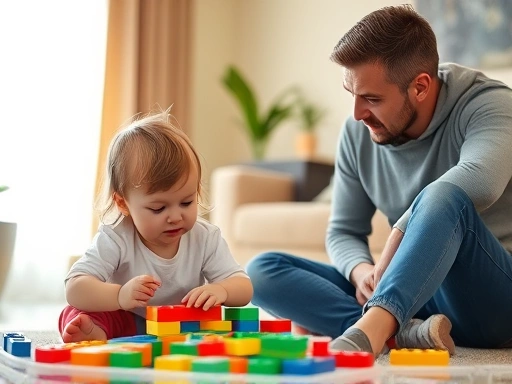 A concerned parent observing a young child playing with building blocks, focusing on the child's interaction and communication attempts, in a brightly lit, warm living room setting.