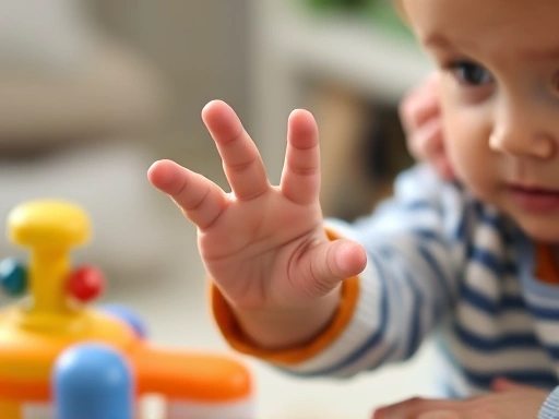 Close-up of a child's hand reaching for a toy while an adult gently points and makes eye contact, emphasizing early communication and interaction cues in language development.