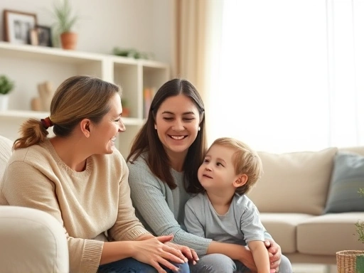 A caring parent talking gently to their child about truthfulness in a warm, supportive living room, emphasizing honest communication.