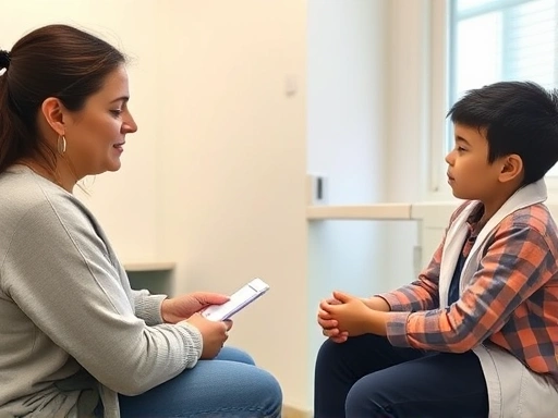 A concerned parent consults a pediatrician about medication for their child in a warm, clean clinic setting, focusing on shared decision-making.