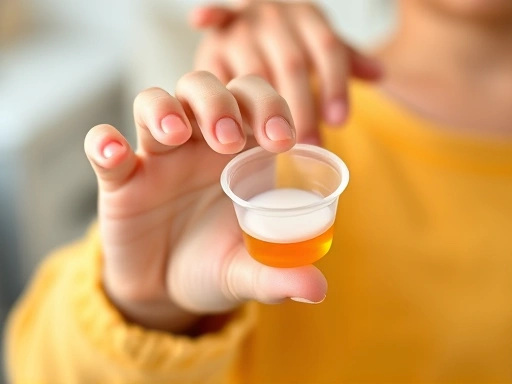 A close-up image of a child's hand holding a small medicine cup, with a parent's gentle hand on their shoulder, highlighting the concept of careful medication administration.