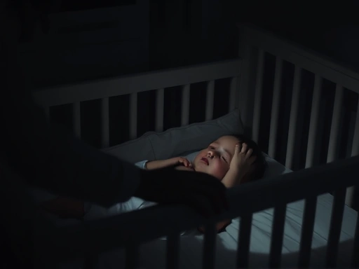 A dark, calm bedroom scene with a parent gently patting a sleeping child in a crib, emphasizing quiet reassurance and a peaceful atmosphere. Focus on soft light and stillness.