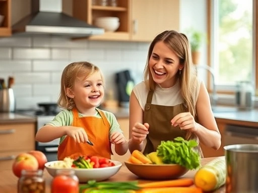 A cozy kitchen scene with a happy child and parent preparing a colorful, healthy meal together, emphasizing joyful interaction and healthy food.