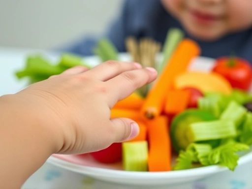 Close-up of a child's hand reaching for a plate of attractively arranged vegetables and fruits, showing curiosity and positive engagement with food.