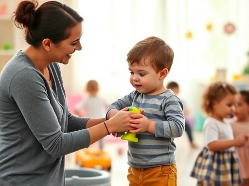 A compassionate parent gently guides their child who is clutching a toy, surrounded by other children playing in a brightly lit playroom, illustrating the concept of sharing and boundaries. Focus on interaction.