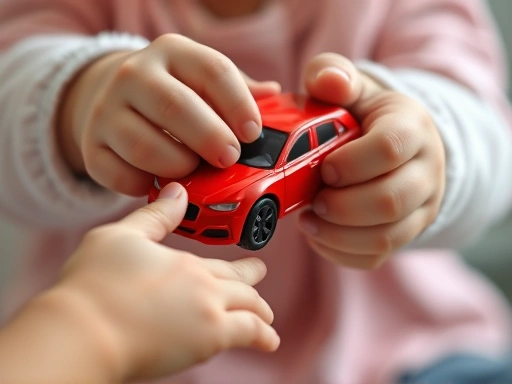 Close-up of a child's hands holding a red toy car tightly, with another child's hand gently reaching out, depicting the tension and learning process of sharing in a play setting with soft lighting.