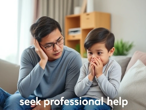 A worried parent gently interacting with a child, showing subtle signs of behavioral distress, in a calm, supportive home environment, emphasizing seeking professional help.