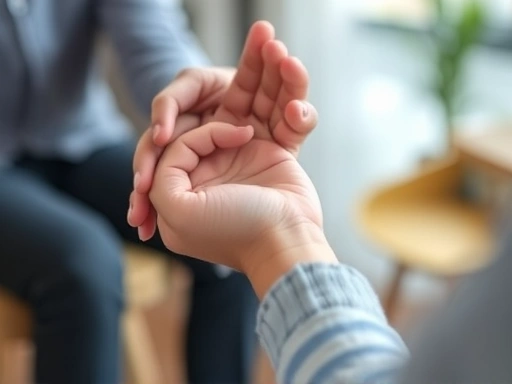 Close-up of a child's hand gently holding a therapist's hand, symbolizing trust and professional guidance, with a blurred background of a counseling room, implying support for problem behaviors.