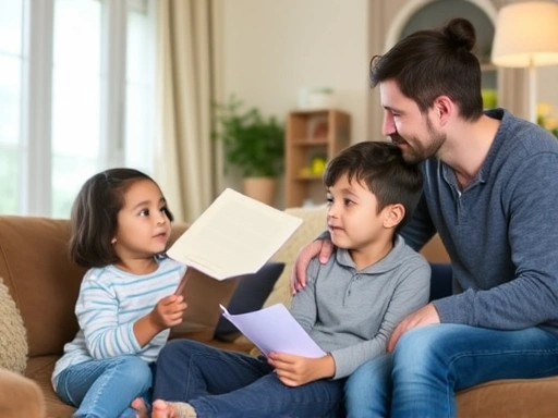 A caring parent patiently answers a child's endless questions in a cozy living room, symbolizing thoughtful communication and bonding.