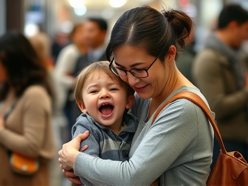 A parent calmly comforting a screaming child in a busy public space, showing empathy and control amidst distractions, with blurred background to emphasize focus on child and parent.