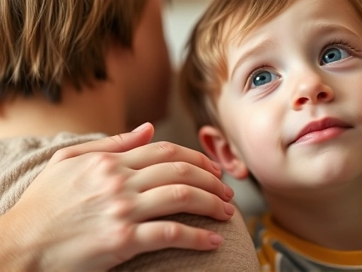 Close-up of a parent's hand gently touching a child's shoulder, with the child looking up, signifying connection and comfort in a moment of emotional outburst, focusing on expressions of calm and understanding.