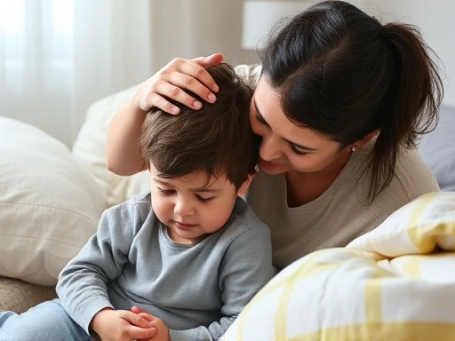 A caring parent gently comforting a young child who is distressed and hitting their head, in a safe, soft room with pillows, emphasizing safety and support. SEO: child self-harm, head banging, emergency response.