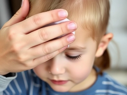 A close-up of a parent's hand gently applying a cold compress to a child's forehead after a minor bump, showing reassurance and care. SEO: child head injury, first aid, concussion observation.
