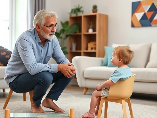 A concerned parent thoughtfully talking to a child who is sitting on a small chair in a calm, supportive living room, emphasizing communication and understanding.