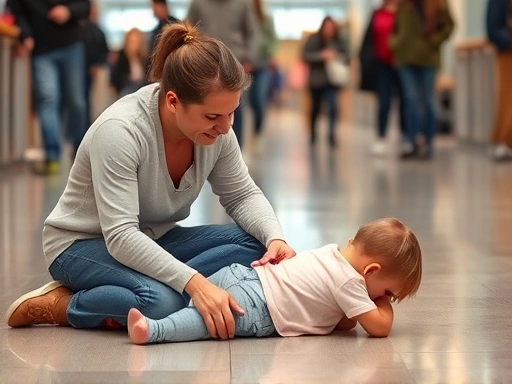A parent calmly consoling a child throwing a tantrum on the floor in a public space, illustrating patience and effective communication.
