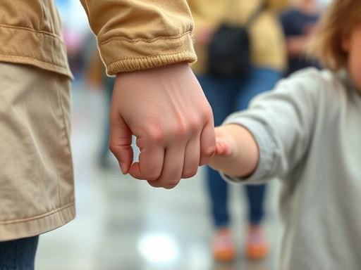 Close-up of a parent's hand gently guiding a child's hand, symbolizing calm guidance during a tantrum in a public setting.
