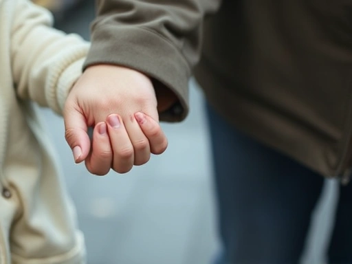Close-up of a parent's hand gently holding a small child's hand, illustrating a moment of connection and calm amid potential public tantrum prevention.