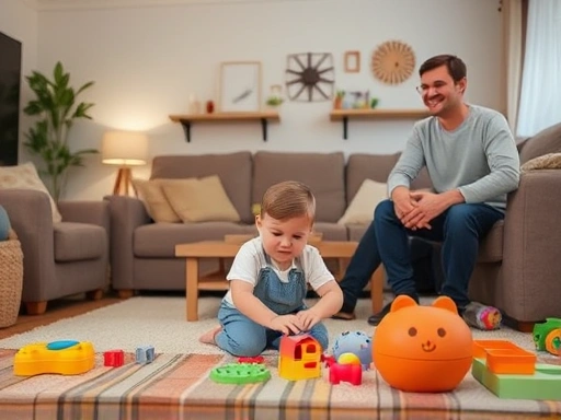 A peaceful living room where a child is calmly playing with toys, and parents are smiling warmly, depicting a positive transformation in a family after dealing with tantrums. The atmosphere is serene and harmonious.