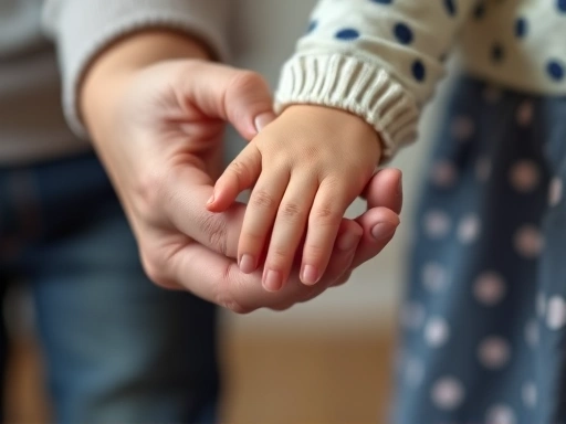A close-up shot of a parent gently holding a child's hand, symbolizing connection and emotional support during a moment of calm after a tantrum. The focus is on the comforting hands and a sense of shared understanding.