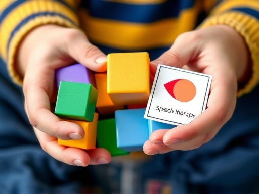 Close-up of a child's hands holding building blocks (play therapy) and speech therapy flashcards, illustrating the different approaches to child development and therapeutic interventions.