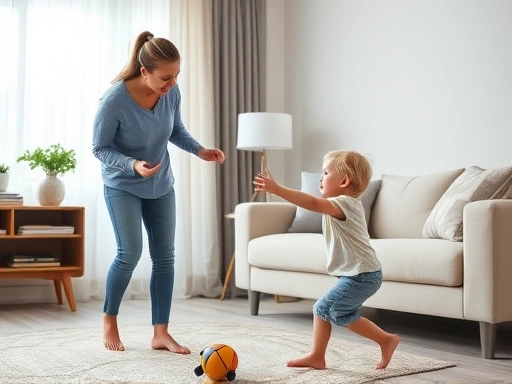 A concerned parent calmly but firmly intervening as a young child attempts to throw a toy across a tidy living room, with a soft throw pillow visible in the background, illustrating immediate action for behavior correction.