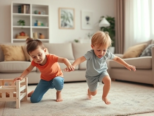 A busy, energetic child (around 4-5 years old) playing in a living room, creating a bit of chaos, while a parent looks on with a mix of love and exhaustion. Soft, warm lighting.