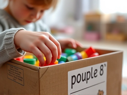 Close-up of a child's hand (around 7-8 years old) carefully organizing toys into a neatly labeled box, showing focus and responsibility. Blurred background of a calm, tidy room.