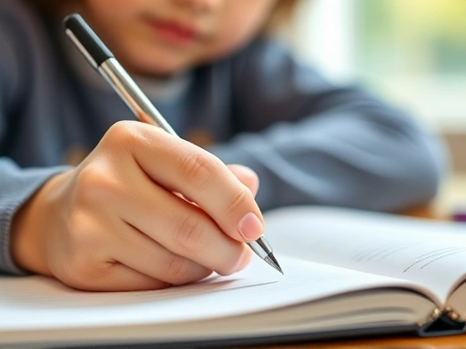 A close-up of a child's hand holding a pen, writing neatly in a notebook, symbolizing focus and academic success, with a blurred background suggesting a supportive, nurturing learning environment.