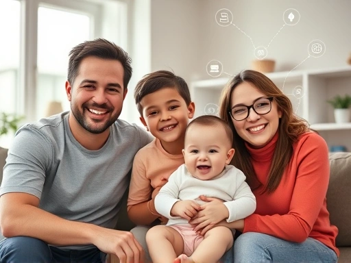 A cheerful family with a baby, symbolizing government support for childcare, in a modern, bright living room, with a subtle overlay of digital information icons.