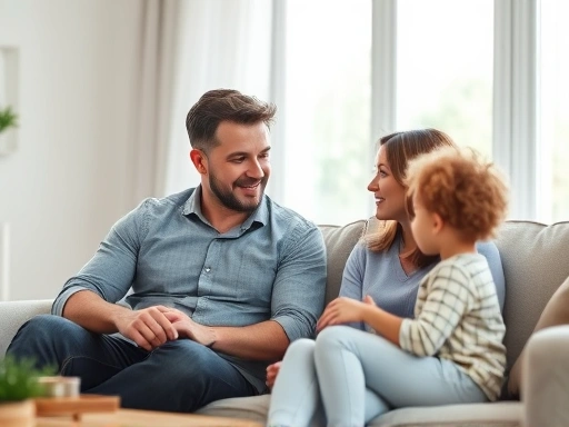 A harmonious couple, a man and a woman, are sitting on a sofa in a bright living room, calmly discussing child discipline with a focused, understanding expression, surrounded by a subtle, warm light.