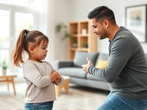 A calm parent consistently guiding a confused child through clear rules, demonstrating the importance of discipline consistency in a bright, modern living room.