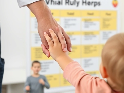 Close-up of a parent's hand gently guiding a child's hand towards a visual rule chart, emphasizing clear communication and consistent discipline.